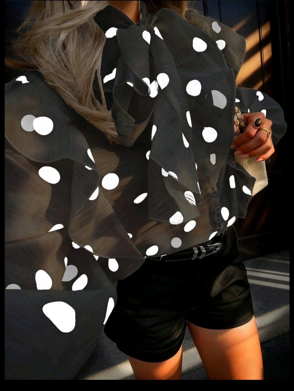 Chic Black Polka Dot Sheer Blouse - Picture 4 of 7